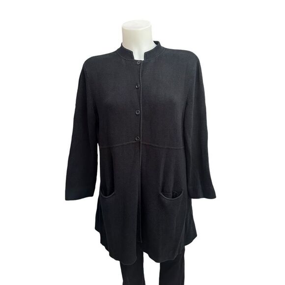 Eileen Fisher Black Half Buttoned mock neck Silk‎ Blend Long Cardigan sz Medium - Picture 1 of 11